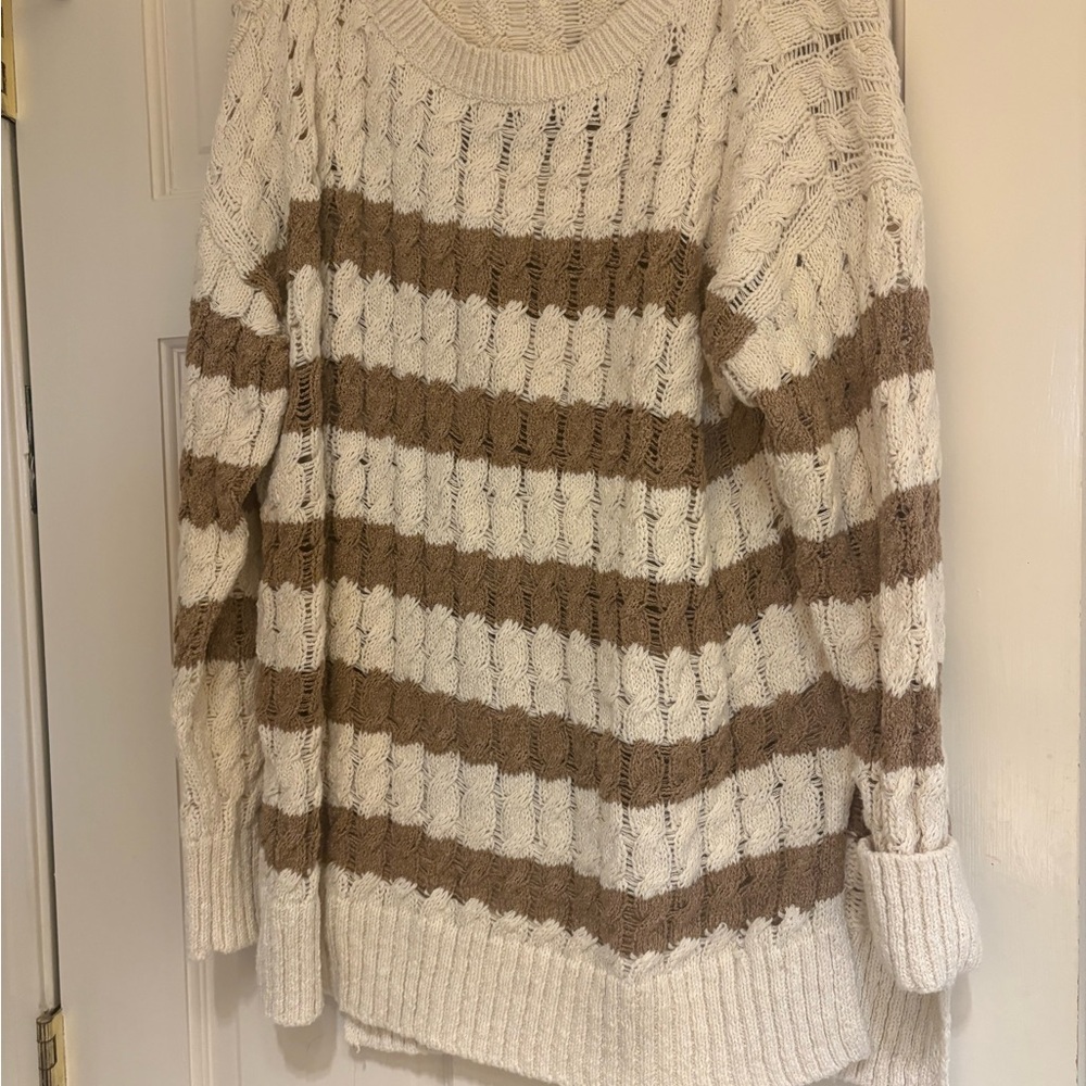 Pilcro Striped Knit Sweater - Cream and Brown
